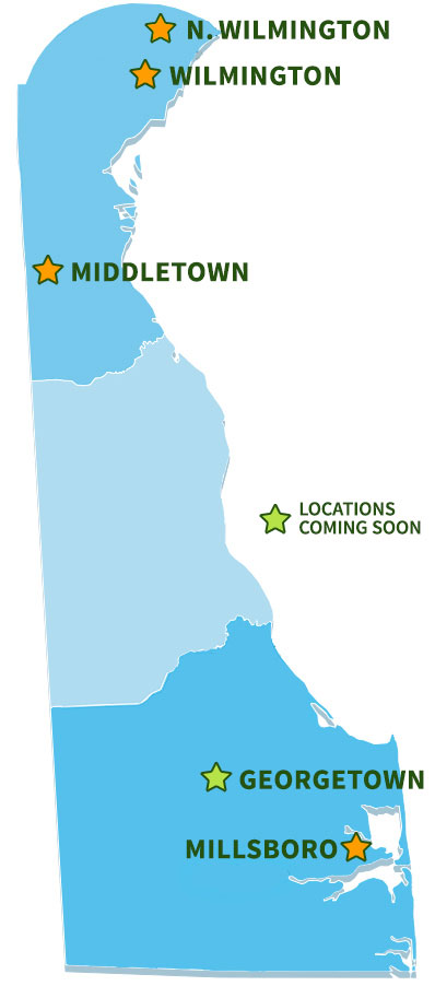 Map of Delaware indicating Greenhill Car Wash Locations